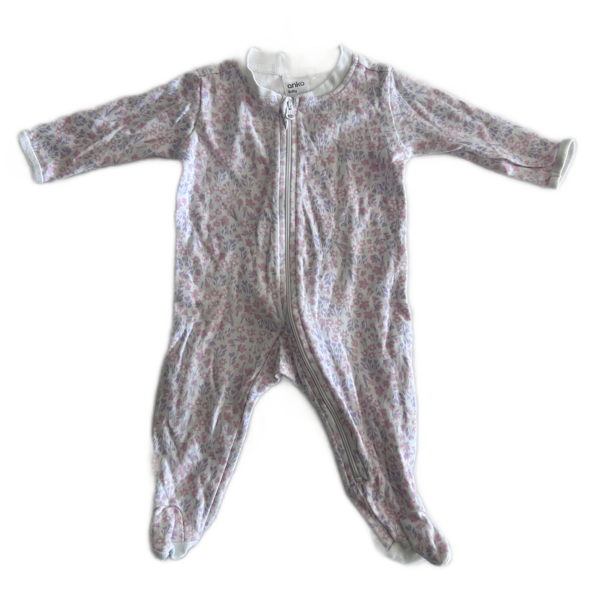 Anko Age 000 long sleeved zip footed sleepsuit in white, pink, lavender with floral print â€” gently loved condition.