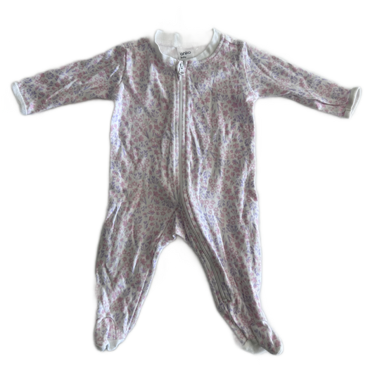 Anko Age 000 long sleeved zip footed sleepsuit in white, pink, lavender with floral print â€” gently loved condition.