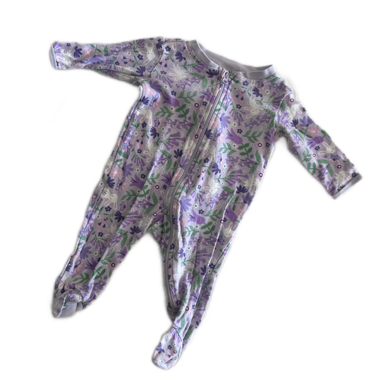 Anko Age 000 long sleeved zip footed sleepsuit in lavender, purple, green, pink, white with floral and bunny print â€” gently loved condition.