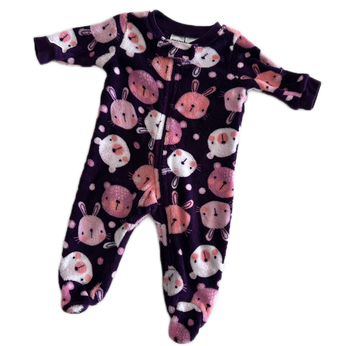 Anko Baby Age 000 long sleeved zip footed onesie in purple, pink, white, orange with all-over animal faces print (bunnies and bears) â€” like new condition.