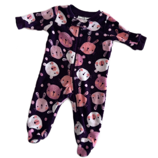 Anko Baby Age 000 long sleeved zip footed onesie in purple, pink, white, orange with all-over animal faces print (bunnies and bears) â€” like new condition.