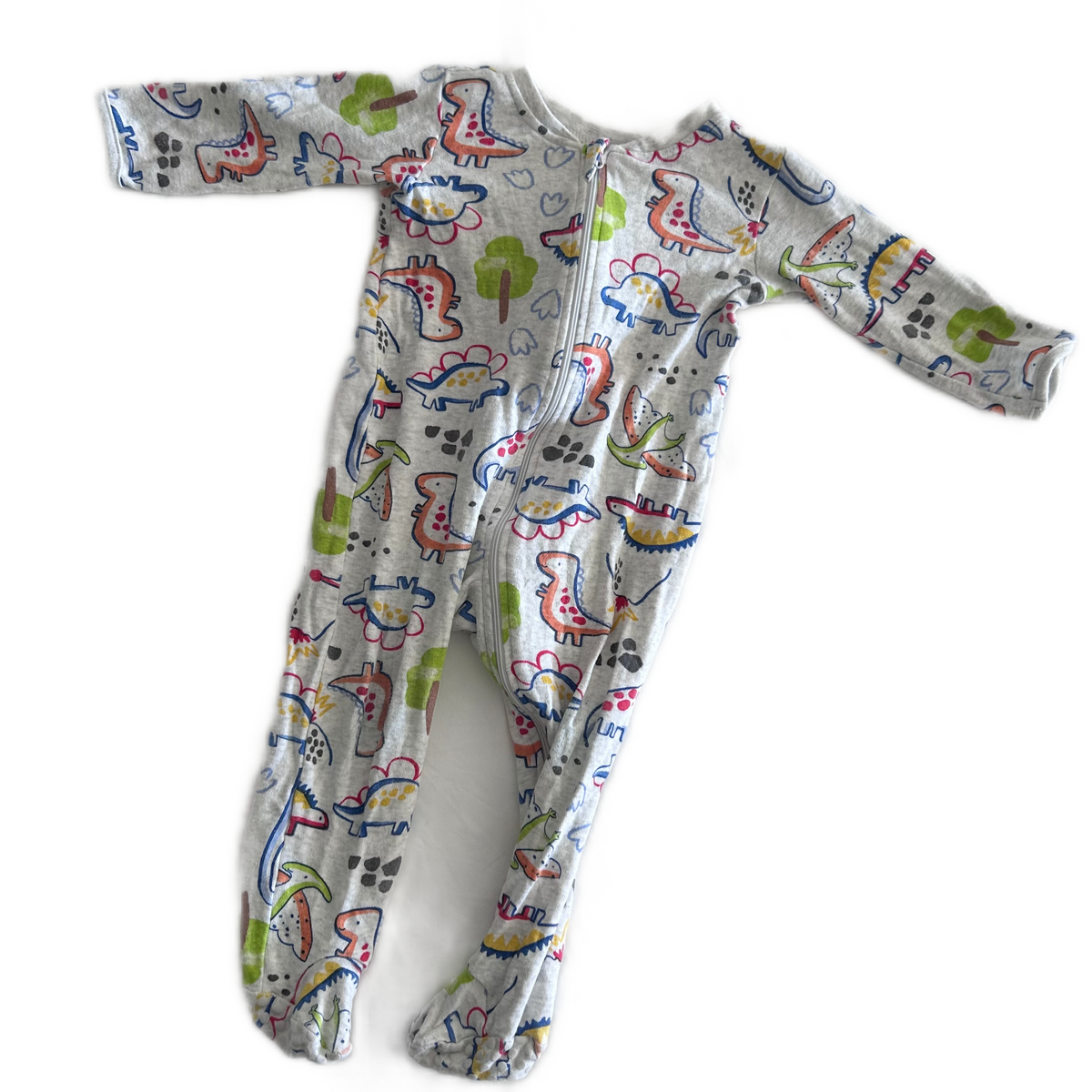 Anko Age 1 long sleeved zip-up footed sleepsuit in grey, white, multicolour with cartoon dinosaur print â€” gently loved condition.