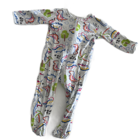Anko Age 1 long sleeved zip-up footed sleepsuit in grey, white, multicolour with cartoon dinosaur print â€” gently loved condition.
