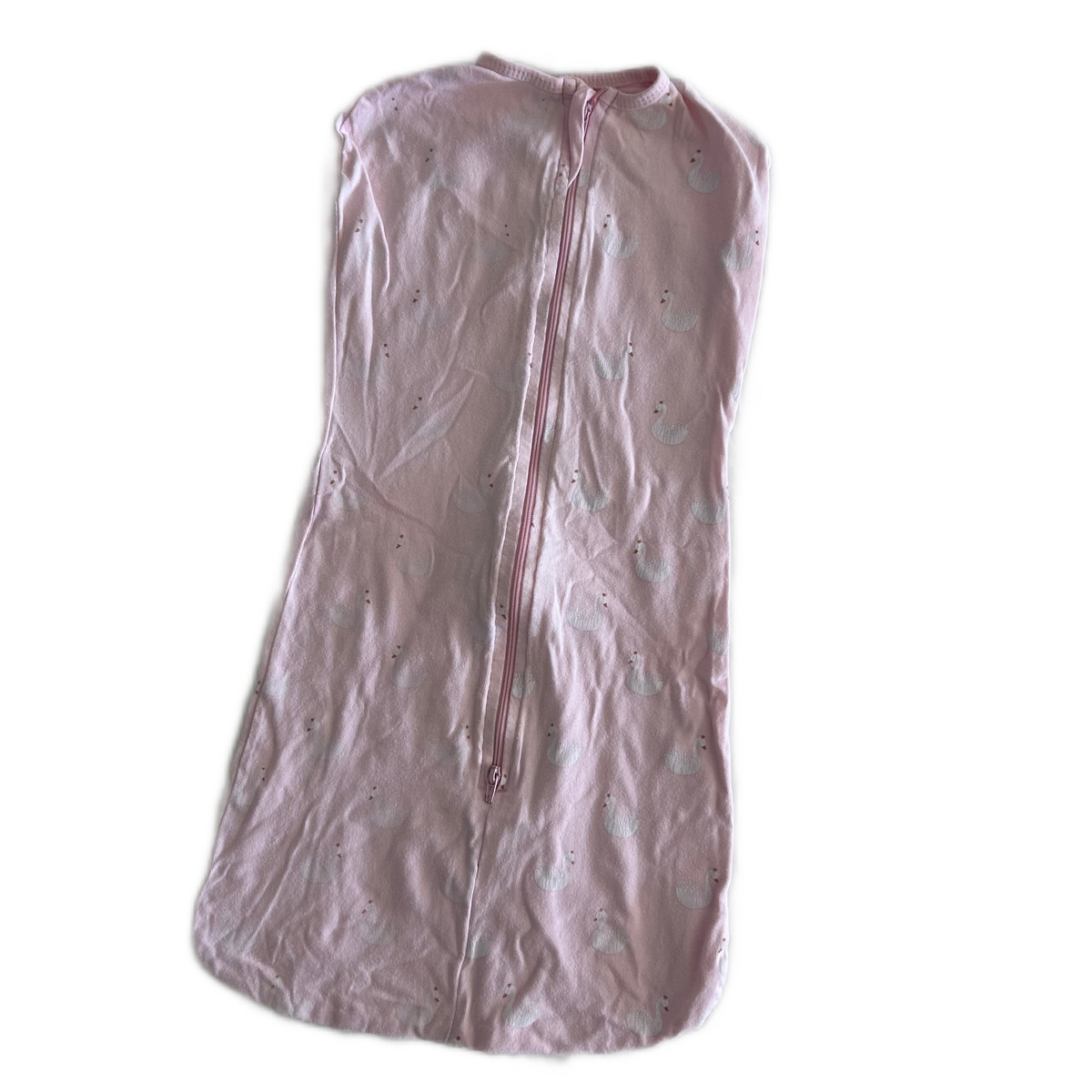 Anko Age 000 sleeveless zip-up swaddle sleep bag in pink with swan print â€” well loved condition.