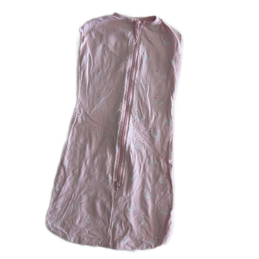 Anko Age 000 sleeveless zip-up swaddle sleep bag in pink with swan print â€” well loved condition.