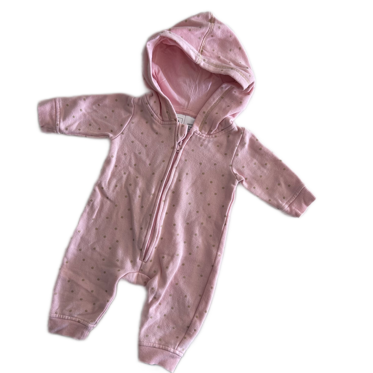 Kids & Co Age 000 hooded zip-up romper in pink with gold polka dots â€” gently loved condition.