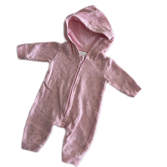 Kids & Co Age 000 hooded zip-up romper in pink with gold polka dots â€” gently loved condition.
