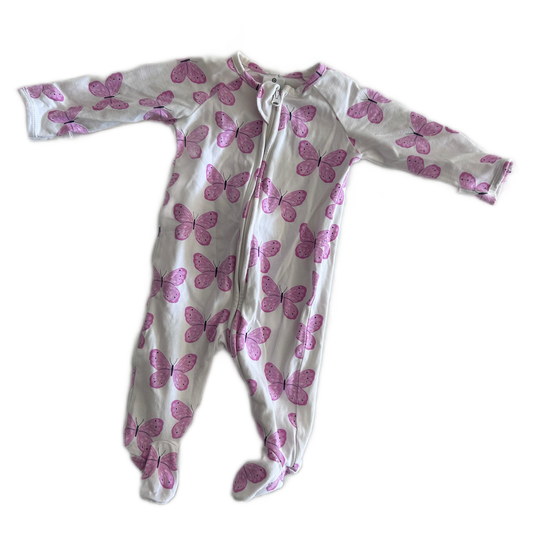 Target Age 000 long sleeved zip footed sleepsuit in white, pink with butterfly print â€” gently loved condition.