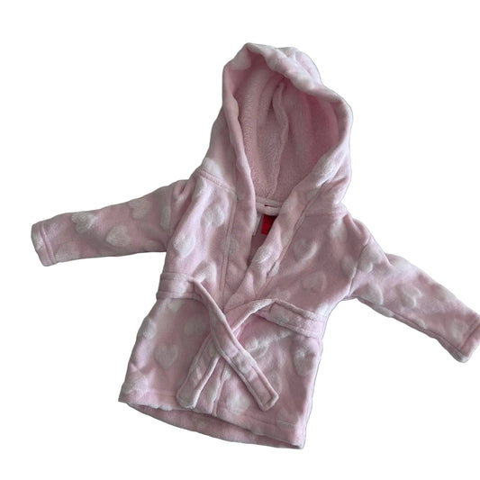 Anko Age 000 hooded fleece dressing gown in pink with tonal white heart print â€” like new condition.