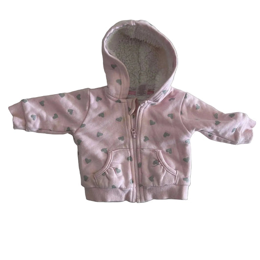Target Age 000 zip-up hooded jumper in pink with silver glitter heart print, well loved condition.