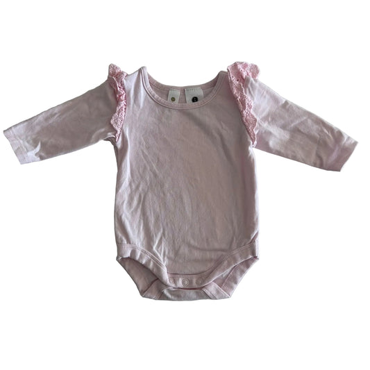 Dymples Age 000 long sleeve bodysuit in pink with lace frill shoulder detail â€” gently loved condition.