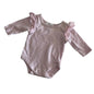 Dymples Age 000 long sleeve bodysuit in pale pink with eyelet lace frill trim at shoulders â€” gently loved condition.