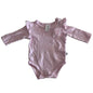 Target Age 000 long sleeved flutter sleeve bodysuit in pink with floral applique, lace trim neckline and sleeve edges, gently loved condition.