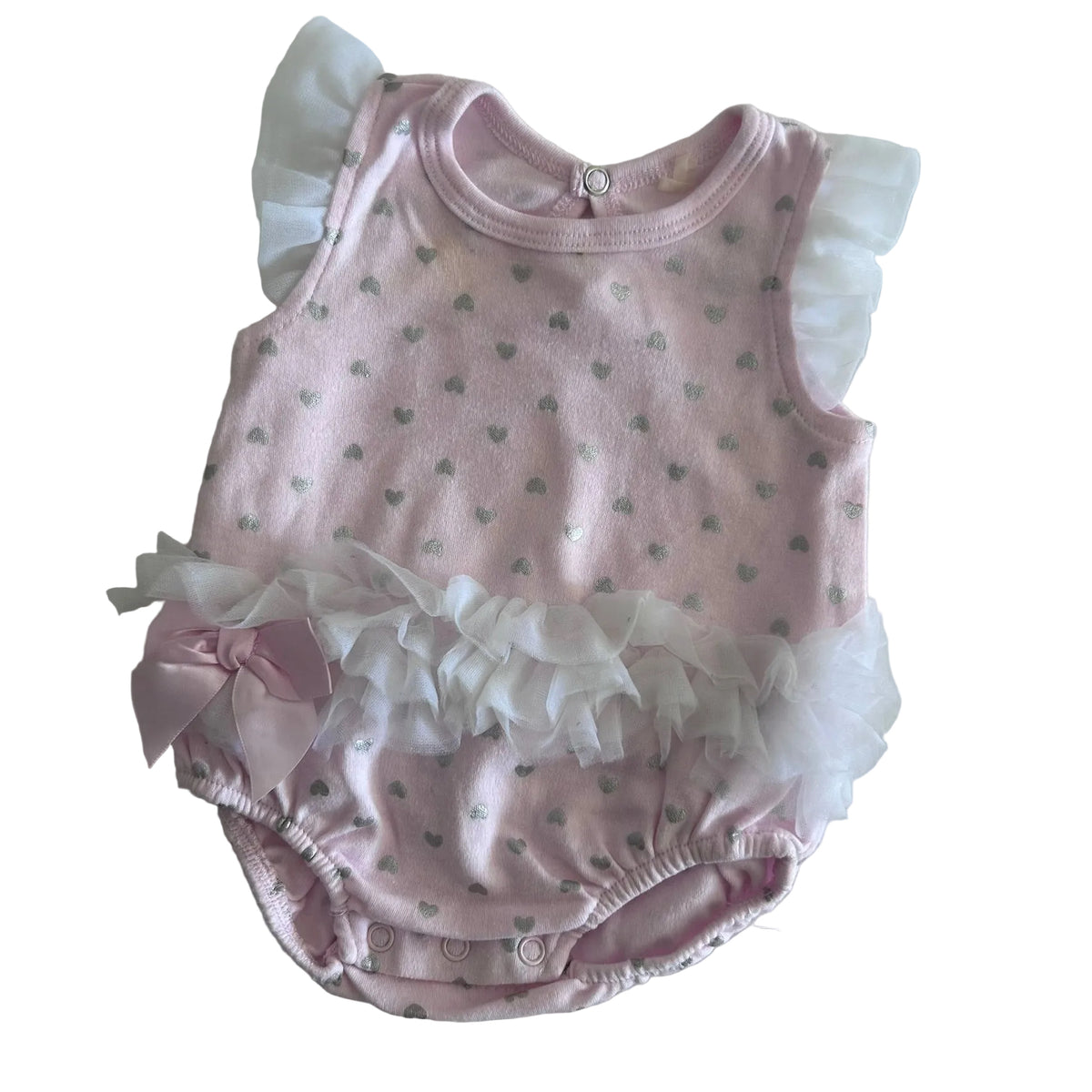 Kyle & Deena Age 000 sleeveless bodysuit in pink, white, silver with silver glitter hearts all over, white tulle flutter sleeves, white tulle ruffle at waist, pink satin bow â€” gently loved condition.