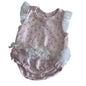 Kyle & Deena Age 000 sleeveless bodysuit in pink, white, silver with silver glitter hearts all over, white tulle flutter sleeves, white tulle ruffle at waist, pink satin bow â€” gently loved condition.