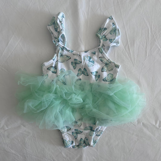 Baby baby Age 000 sleeveless bodysuit in white, mint green, teal blue with butterfly print, mint green tulle tutu skirt, flutter sleeves â€” gently loved condition.