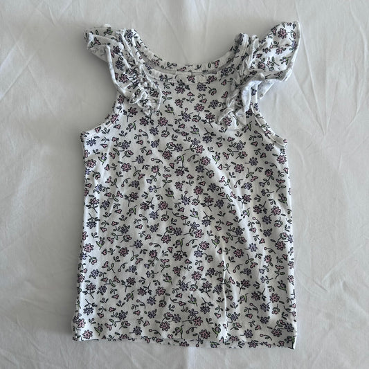 Dymples Age 000 sleeveless flutter sleeve top / singlet / vest in white, pink, purple, green with ditsy floral print â€” gently loved condition.