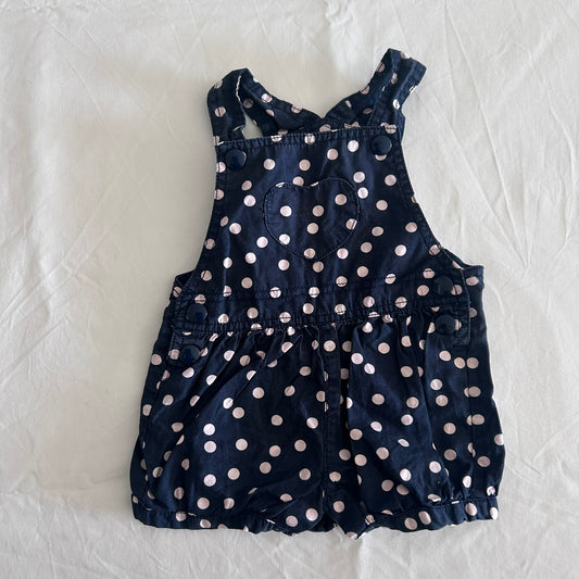 Kids & Co Age 000 sleeveless romper / playsuit / dungarees in navy blue, pink with polka dot, heart pocket detail, shiny navy blue buttons on front and back â€” gently loved condition.