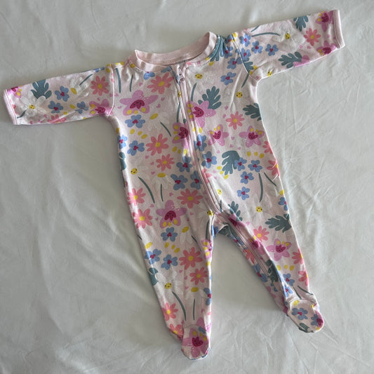 Anko Age 000 long sleeved onesie in pink, white, blue, green, yellow with floral and butterfly print â€” gently loved condition.