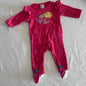 Anko Age 000 long sleeved onesie in hot pink with polka dot with embroidered rainbow, sun, butterfly and flower appliquÃ©, 'so sweet' text, ruffle shoulder detail, strawberry character feet â€” gently loved condition.