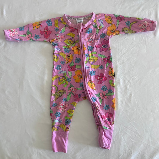 Bonds Age 000 long sleeved onesie wondersuit in pink with floral print with multicoloured orchids and flowers â€” gently loved condition.