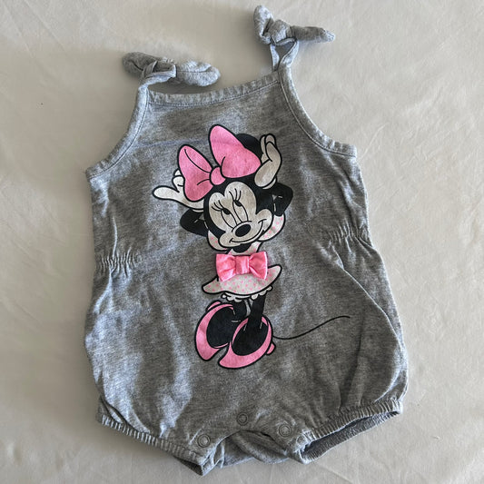 Disney Age 000 romper in grey, pink, black, white with minnie mouse graphic print, 3d pink bow appliquÃ©, tie shoulder straps, snap crotch â€” gently loved condition.