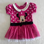 Disney Age 000 dress in hot pink, white, black with white polka dots, minnie mouse embroidered applique, black velvet bow belt â€” gently loved condition.