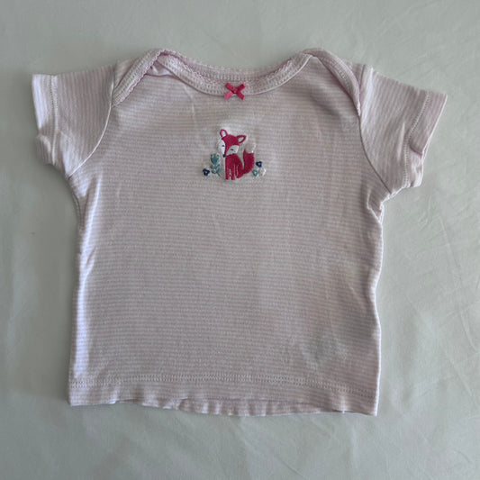 Carter's Age 0 t-shirt in pink, white with fine horizontal stripes, embroidered fox with floral detail, small pink bow at neckline â€” gently loved condition.
