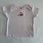 Carter's Age 0 t-shirt in pink, white with fine horizontal stripes, embroidered fox with floral detail, small pink bow at neckline â€” gently loved condition.