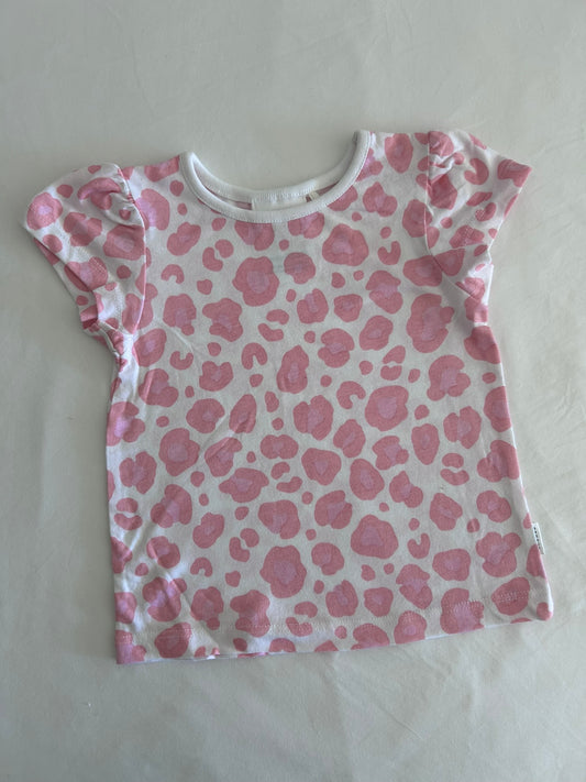 Sprout Age 00 short sleeve flutter sleeve t-shirt in white and pink with leopard/animal print spots â€” like new condition.