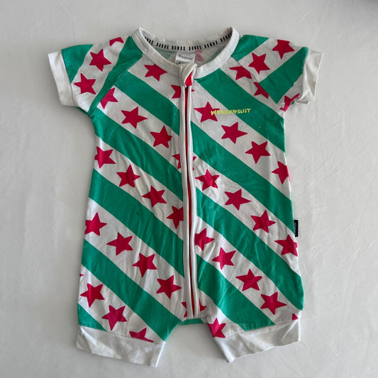 Bonds Age 00 short sleeve zip romper in white, green, pink with diagonal stripes with stars â€” gently loved condition.