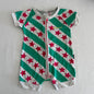 Bonds Age 00 short sleeve zip romper in white, green, pink with diagonal stripes with stars â€” gently loved condition.