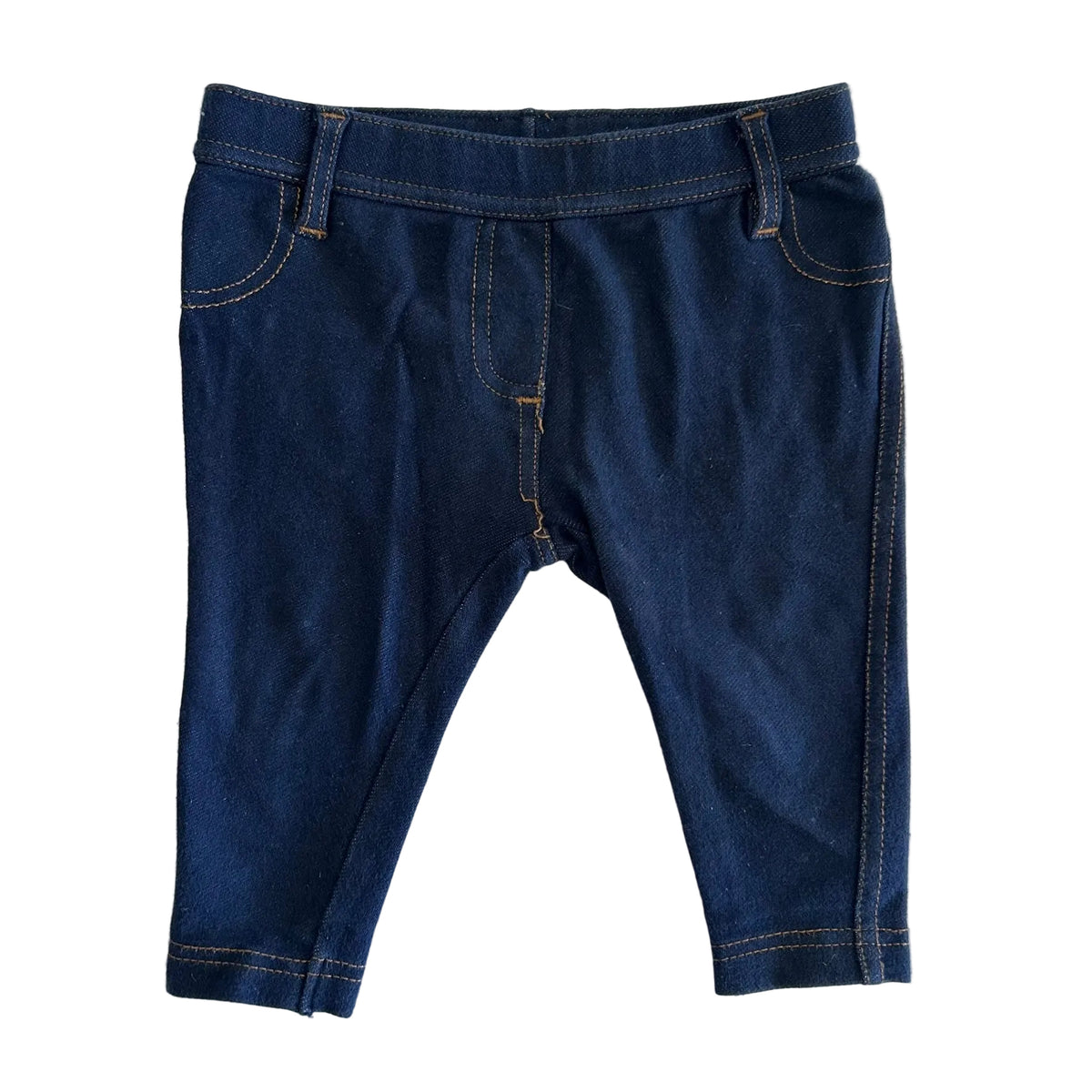 Tiny Little Wonders Age 00 denim-look jeggings in dark blue with contrast tan topstitching, decorative front and back pockets â€” gently loved condition.