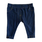 Tiny Little Wonders Age 00 denim-look jeggings in dark blue with contrast tan topstitching, decorative front and back pockets â€” gently loved condition.
