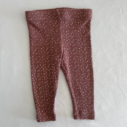 Miann & Co Age 00 leggings in brown with white speckle/polka dot print, ribbed fabric â€” gently loved condition.
