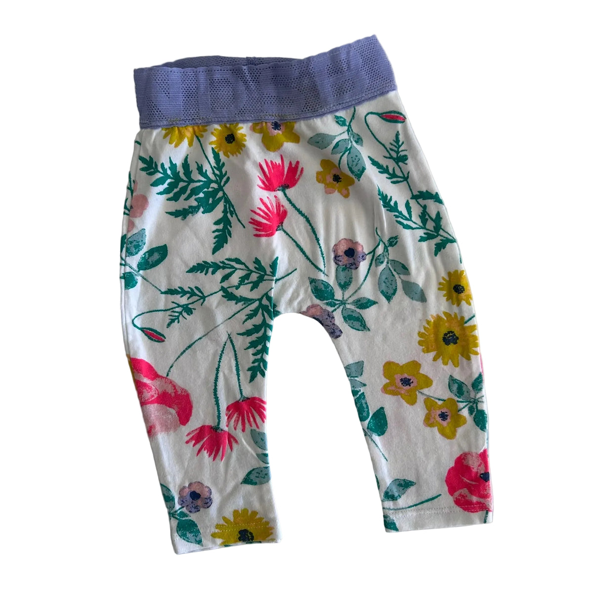 Bonds Age 00 trousers / leggings in white, lavender, pink, yellow, green with floral print with mixed wildflowers and foliage; lavender mesh/lace elastic waistband â€” gently loved condition.