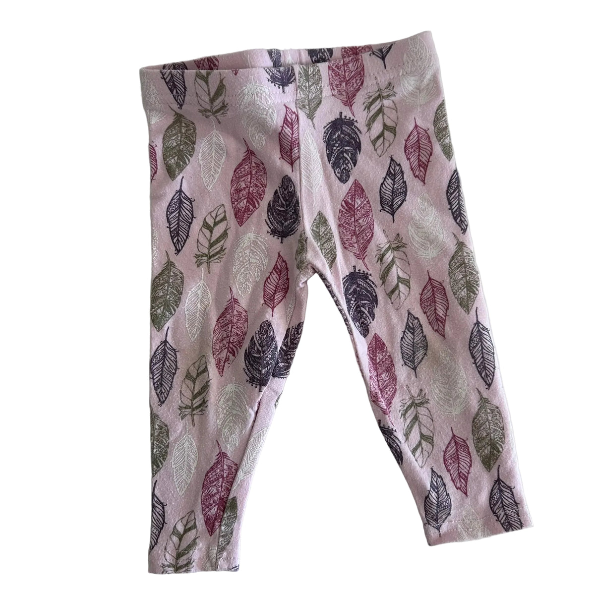 Cutie Pie Age 0 trousers / leggings in pink, dark grey, burgundy, olive green, white with all-over leaf/feather print in multiple colours â€” gently loved condition.