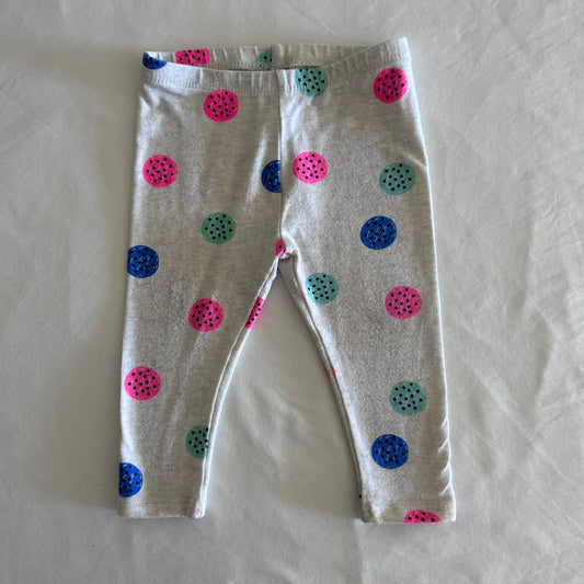 Target Age 00 trousers / leggings in grey, pink, blue, teal with multicoloured polka dots with black dot detail â€” well loved condition.