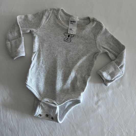 Anko Age 00 long sleeved bodysuit in light grey marl with ribbed stripe, embroidered koala motif on chest, two sets of crotch buttons for different size, fold over sleeves at hands, well loved condition.