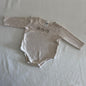 Anko Age 00 long sleeved bodysuit in oatmeal/cream with three printed teddy bear faces labelled hungry, happy, sleepy, gently loved condition.