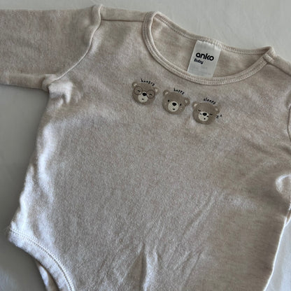 Anko 100% Cotton Long Sleeved Bodysuit Baby Age 00 Cream with Three Bears