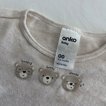 Anko 100% Cotton Long Sleeved Bodysuit Baby Age 00 Cream with Three Bears