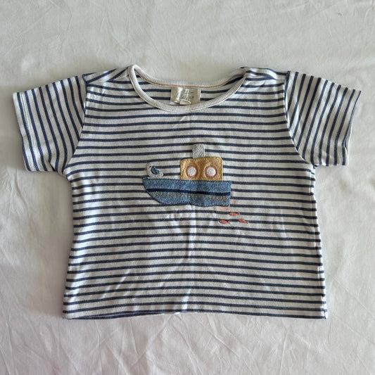 Albetta Age 1 short sleeved t-shirt in white and blue-grey with horizontal stripes with embroidered nautical boat, seagull and fish appliqué — well loved condition.