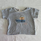 Albetta Age 1 short sleeved t-shirt in white and blue-grey with horizontal stripes with embroidered nautical boat, seagull and fish appliqué — well loved condition.
