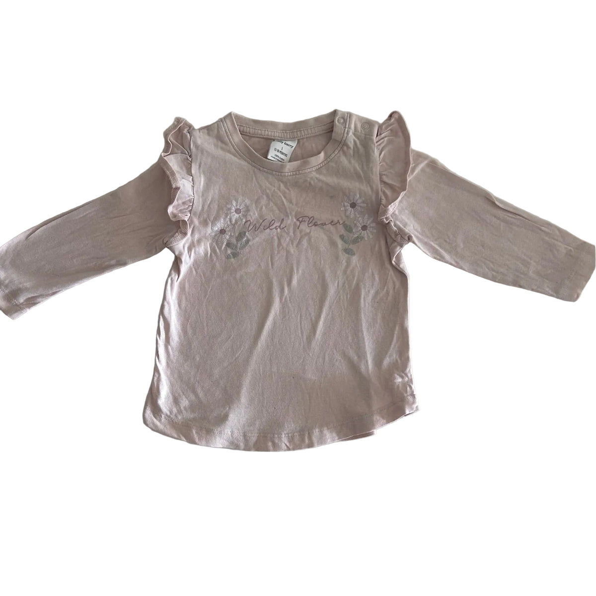 Baby Berry Age 1 long sleeved top with frill collar in light pink with floral print with daisy motif and script text on chest — gently loved condition.