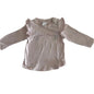 Baby Berry Age 1 long sleeved top with frill collar in light pink with floral print with daisy motif and script text on chest — gently loved condition.