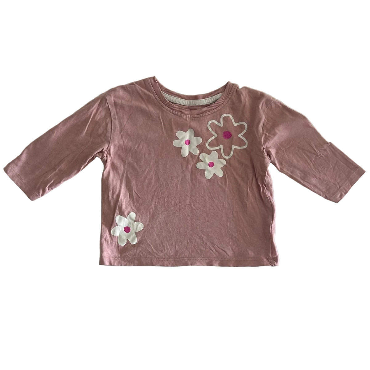 Mango Age 1 long sleeved top in dusty pink, white, hot pink with white daisy flower appliqués with glitter pink centres — gently loved condition.