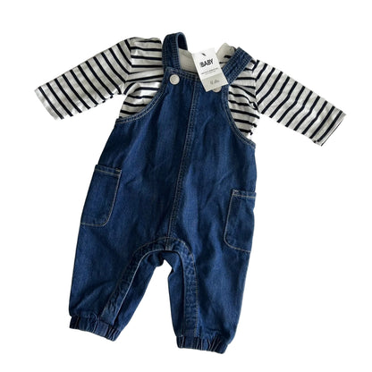 Cotton On Age 00 2-piece set: denim overalls and long sleeve bodysuit in blue denim, white and navy with striped long sleeved t-shirt, contrast stitching on overalls — new condition.