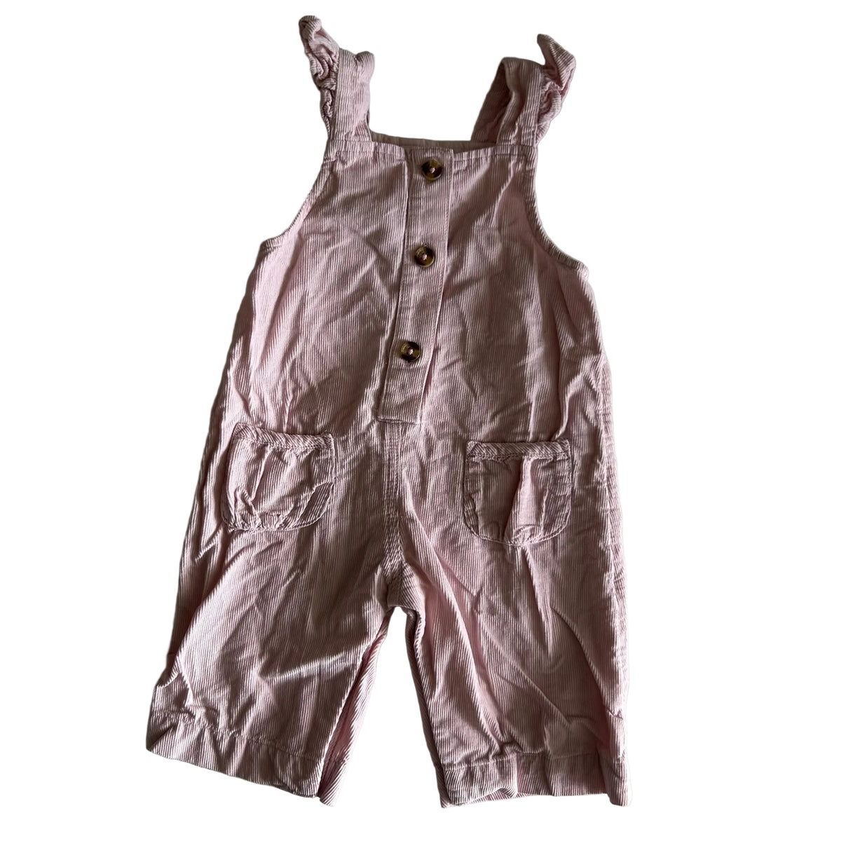Target Age 00 sleeveless ruffle strap romper / dungarees in pink with fine vertical ribbed stripe, ruffled shoulder straps, wooden buttons, patch pockets, ruffle hem — gently loved condition.