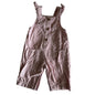 Target Age 00 sleeveless ruffle strap romper / dungarees in pink with fine vertical ribbed stripe, ruffled shoulder straps, wooden buttons, patch pockets, ruffle hem — gently loved condition.